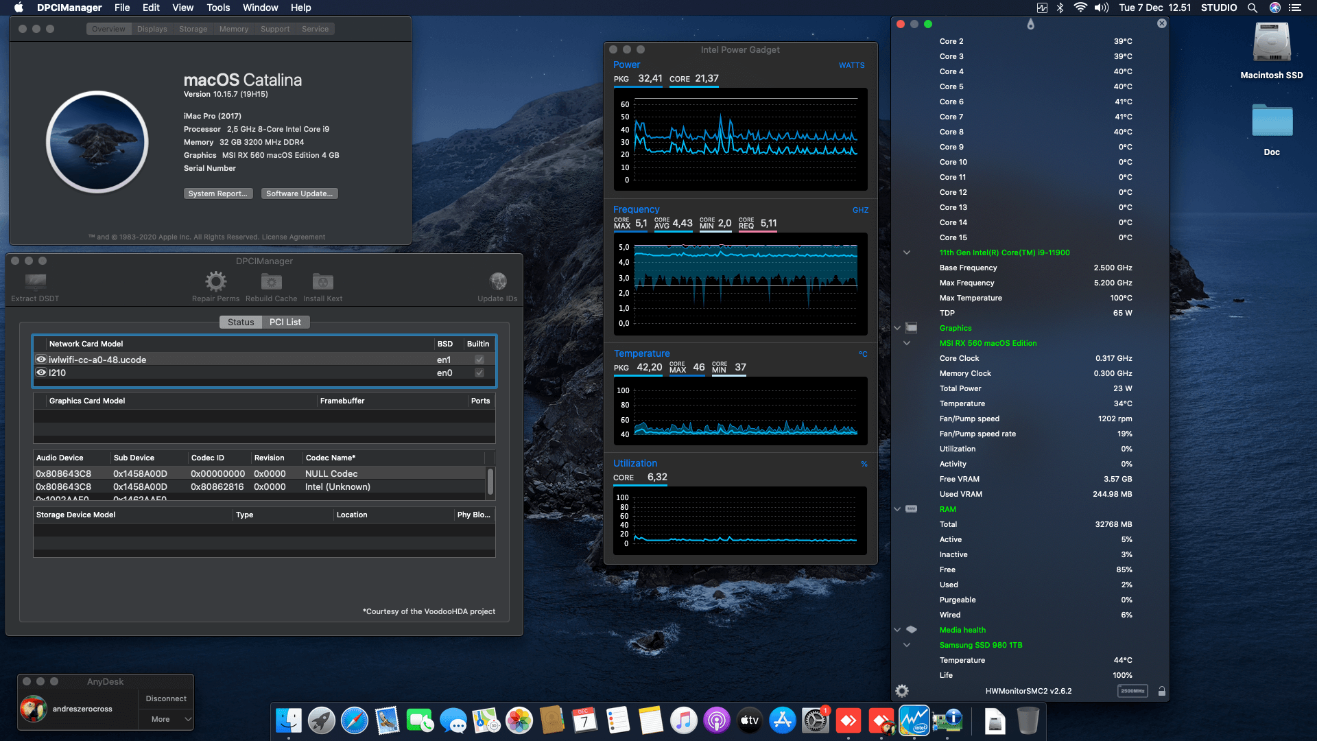 Success Hackintosh macOS Catalina 10.15.7 Build 19H15 in Gigabyte Z590I Vision D + Intel Core i9 11900 + MSI RX 560